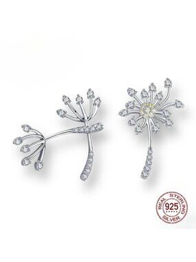 New Dainty Flower Stud Earrings CZ Platinum Over S925 Silver Stamped Dandelion
